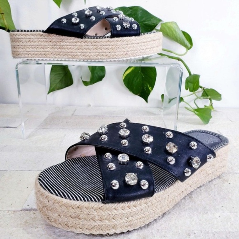 Y2K McBling Platform Espadrille Slides Womens 7 Black Rhinestone Studded INARIO‎